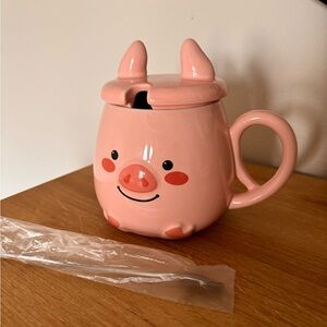 Cute Piggy Ceramic Mug with Lid - Pink